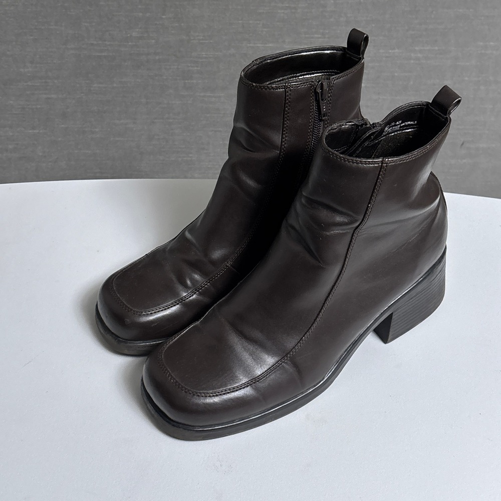 Vintage New Twist y2k Ankle Boots 9.5 Brown Square Toe Block Heel Zip Chunky